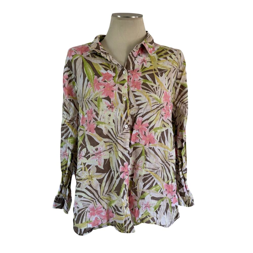 J Jill Green Floral 100% Linen Long Sleeve Popover Blouse Sz XL Vacation Resort